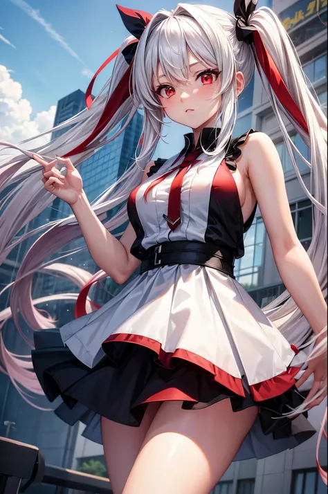 Masterpiece, best quality, 1 girl, anime character style, red eyes, long white hair, hairstyles twintails, white sleeveless shirt and black skirt,