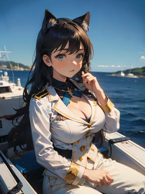 (masterpiece, best quality, RAW photo, intricate details) portrait, head and shoulders, 1girl / Atago / medium dark hair, blues eyes, cat ears, large breasts, cleavage, curvaceous body, (wearing admirals uniform, wearing white trousers), seaport background...