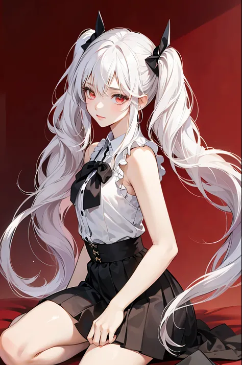 Masterpiece, best quality, 1 girl, anime character style, red eyes, long white hair, hairstyles twintails, white sleeveless shirt and black skirt,