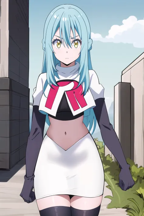 tensura, yellow eyes, blue hair, long hair, 1other, hair between eyes, looking at viewer, bangs, solo, androgynous, outdoors, colored eyelashes, shiny hair, ((masterpiece)) , team rocket,team rocket uniform,white skirt,red letter R,crop top,black thigh-hig...