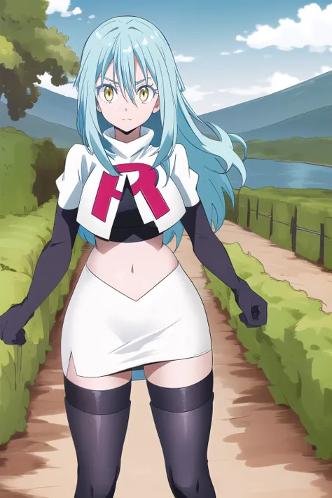 tensura, yellow eyes, blue hair, long hair, 1other, hair between eyes, looking at viewer, bangs, solo, androgynous, outdoors, colored eyelashes, shiny hair, ((masterpiece)) , team rocket,team rocket uniform,white skirt,red letter R,crop top,black thigh-hig...