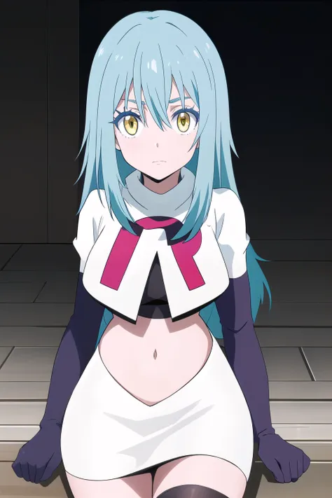 tensura, yellow eyes, blue hair, long hair, 1other, hair between eyes, looking at viewer, bangs, solo, androgynous, outdoors, colored eyelashes, shiny hair, ((masterpiece)) , team rocket,team rocket uniform,white skirt,red letter R,crop top,black thigh-hig...