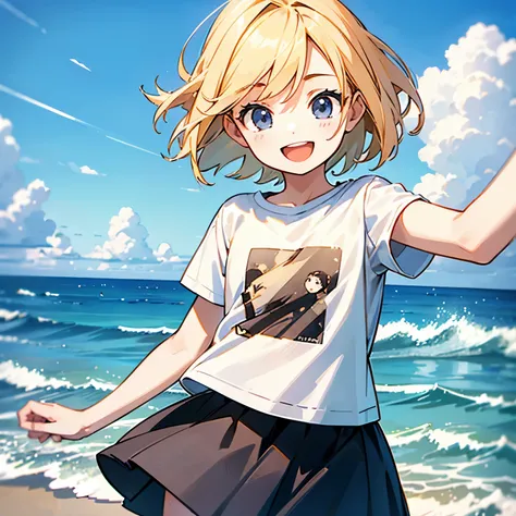 cute、1girl,Best Quality,Masterpiece,Blonde,short hair,(tshirts:1.5),blown black eyes,flat chest,adult,open mouth,smile:1.5,The background is the sea:1.5