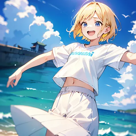 cute、1girl,Best Quality,Masterpiece,Blonde,short hair,(white tshirts:1.5),blown black eyes,flat chest,adult,open mouth,smile:1.5,The background is the sea:1.5