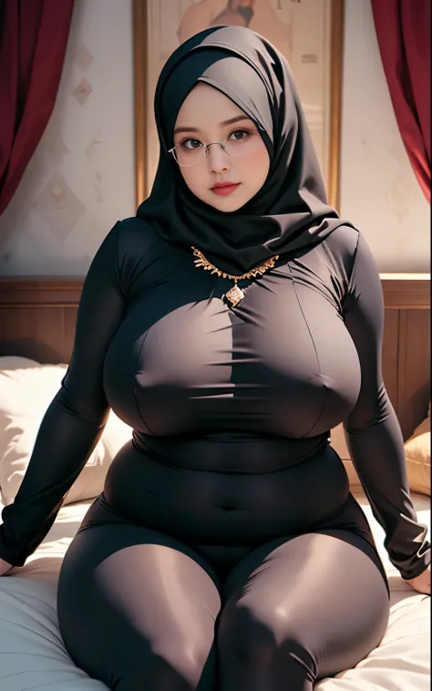 (wearing-hijab:1.4), ((ultra gigantic tits))), ((plump body shape)), ((Plump)), ((Nipple Exposed)), (Detailed description of face),(Detailed description of body), Fair and clear skin, matchless beauty, long legged,(Stockings),Beauty mole,(Sapphire Necklace...