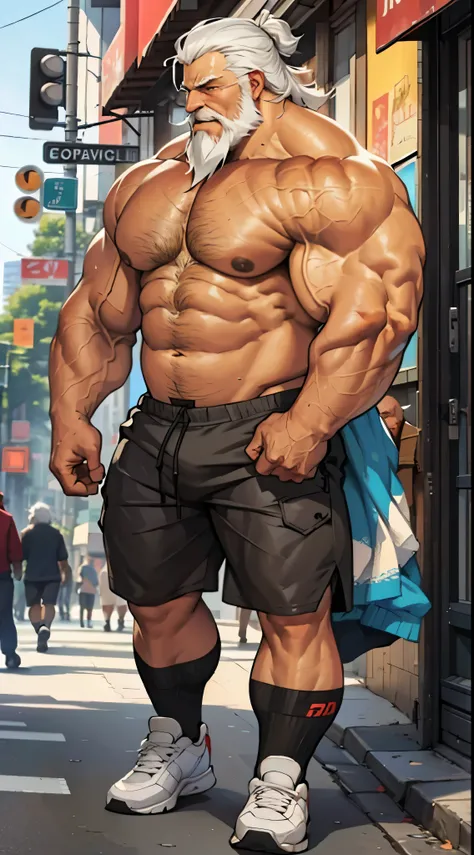 chubby old man in street city, old man, thick arm, huge arm, bearded. white hair and beard, bearded, muscular, pectoral, wide pectoral, realistic, 8k, masterpiece, (wearing shorts and shirtless, topless, shoes)