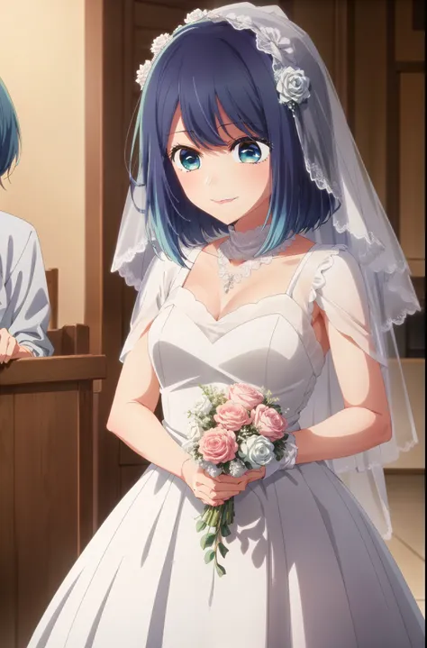 master piece, best quality, 8k, ultra high resolution, highest quality, anime style, best writing, beautiful face,beautiful lighting, 1 girl, alone, Akane, green eyes, blue eyes, multi-colored hair, Wedding dress, white gloves, make, pink lipstick, bouquet...