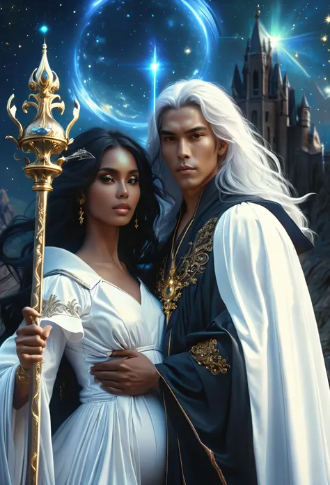 Novel in celestial landscape, a female judge pregnant black very beautiful long black hair holding a scepter and a male judge darkskin very beautiful long white hair holding scepter, very fine face, (((very beautiful))), perfect faces, whole body, romantic...