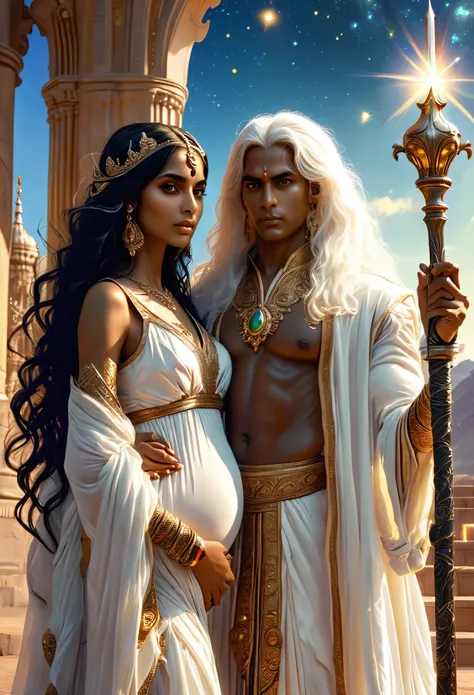 Novel in celestial landscape, a female judge pregnant African mixed Indian very beautiful long black hair holding a scepter and a male judge darkskin very beautiful long white hair holding scepter, ((male juge white hair)),  very fine face, (((very beautif...