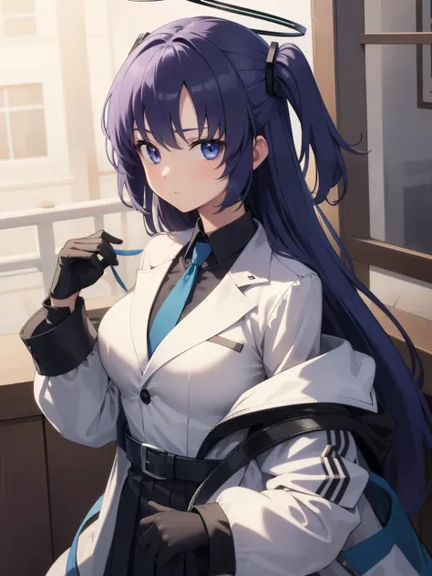 bluearchiveyuuka, yuuka, blue eyes, halo, purple hair, two side up, long hair,
BREAK belt, black gloves, black jacket, black skirt, blue necktie, gloves, halo, jacket, necktie, off shoulder, skirt, two-sided fabric, two-sided jacket, white belt, (white jac...