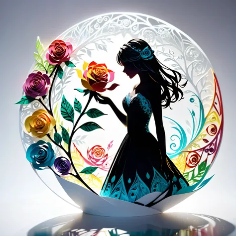 （hologram:1.5)，The silhouette of a beautiful woman，Colorful rose，in the winter，White background，paper art，quilling paper art，zentangle, geomerty，3D render， Cinematic lighting effects