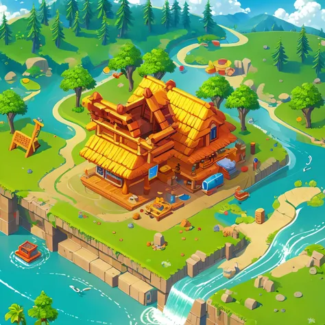 (masterpiece, best quality:1.2), building, isometric,river,sky,cloud