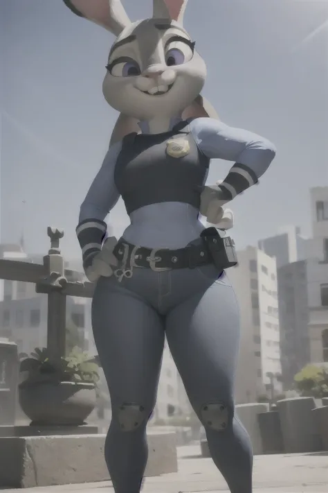 orejas hacia abajo, (Mejor calidad, Obra maestra:1), peluda hembra antro judyhopps, retrato, uniforme de policia, uniforme completo, cola de conejo, police belt, police badge, pantalones azules, sonrisa, ojos morados, pelaje del cuerpo, ojos medio cerrados...