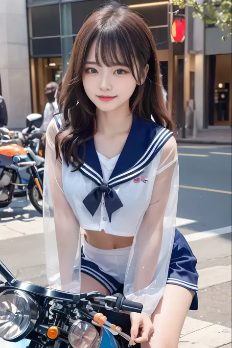 big and full breasts、(((A transparent white sailor suit that sticks to the chest,school uniform:1.7))),(((A woman in a transparent and revealing sailor suit:1.7 ))),(((A woman riding a colorful custom-painted motorcycle through the city:1.7))), Shiny light...