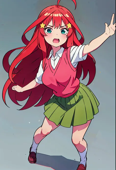 Itsuki Nakano, long fluffy red hair, 5 point star hairclips, collared white shirt, green pleated skirt, pink red sleeveless sweater, dynamic pose, interesting pose, expressive face, full body, cute, lovely, minimal background