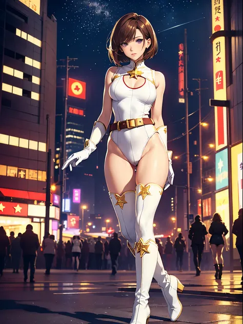 1girl, medium breasts, ((leotard, white and red leotard, sleeveless, bare legs)), ((tight belt, gold belt)), ((boots, matching boots, ankle boots, white boots)), ((gloves, white gloves)), city backdrop, tokyo city backdrop, solo, single, hands on hip, stan...