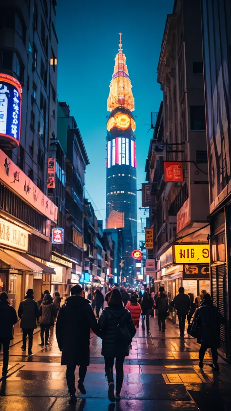 People walking in the city at night with a large clock tower in the background々, In a futuristic cyberpunk city, futuristic cyberpunk scenario, Earth station and beeple are high, In a fantasy sci-fi city, sci-fi cyberpunk city street, busy cyberpunk metrop...