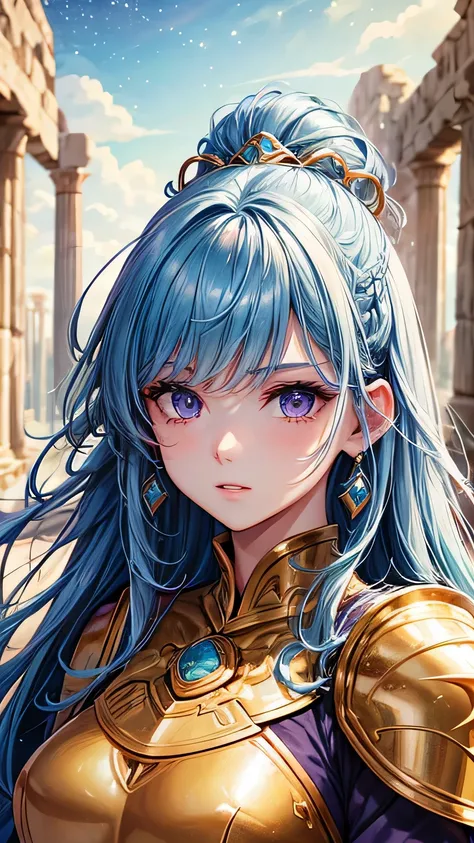 Masterpiece. Half-body portrait. She is the Taurus Knights of Zodiac  warrior. A beautiful young woman (1 girl) about 20 years old. powerful look. Imposing appearance. Long light blue hair, straight hair, ((messy)) hair, ((hair bangs)). (Bangs). hair blowi...