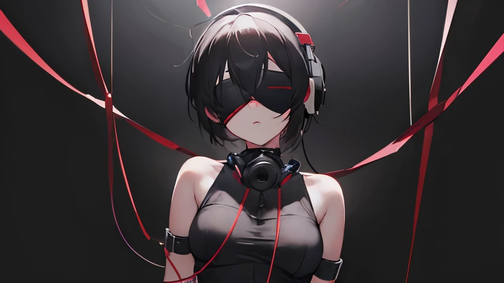 submissive female with blindfold and headphone be restrained,alone in the dark