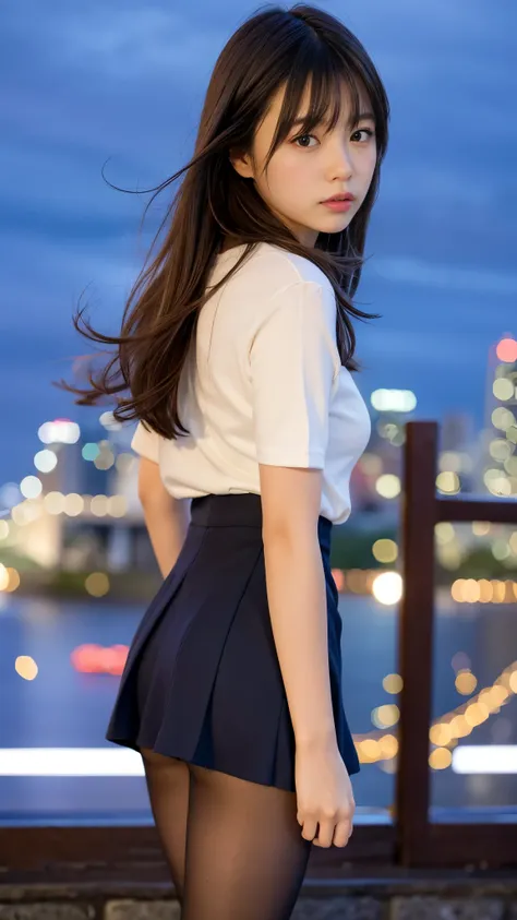 1 girl、(looking at the viewer)、(Bokeh:1.1)、parted lips、No expression、realistic、tights、skirt、skyline、realistic、アップskirt、skirtリフト、highest quality、masterpiece:1.3、超A high resolution、Angle of view from below:1.25 、panties close up:1.35、embarrassed look、The bac...