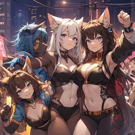 top quality, best quality, High-quality illustrations, masterpiece, super high resolution, detailed background, Crowded cityscape, 6+girls, group shot, festival, absurdres(highly detailed beautiful face and eyes)perfect anatomy(kemono)(furry anthro)selfie,