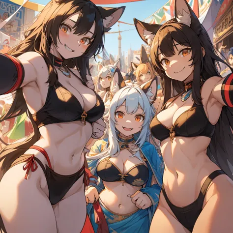 top quality, best quality, High-quality illustrations, masterpiece, super high resolution, detailed background, Crowded cityscape, 6+girls, group shot, festival, absurdres, perfect anatomy(kemono)(furry anthro)happy, joyful, smile, selfie,