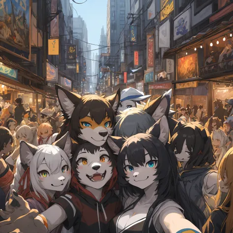 top quality, best quality, High-quality illustrations, masterpiece, super high resolution, detailed background, Crowded cityscape, 6+girls, group shot, festival, absurdres(highly detailed beautiful face and eyes)perfect anatomy(kemono)(furry anthro)selfie,