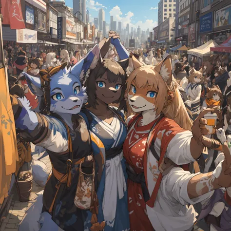 top quality, best quality, High-quality illustrations, masterpiece, super high resolution, detailed background, Crowded cityscape, 6+girls, group shot, festival, absurdres(highly detailed beautiful face and eyes)perfect anatomy(kemono)(furry anthro)selfie,