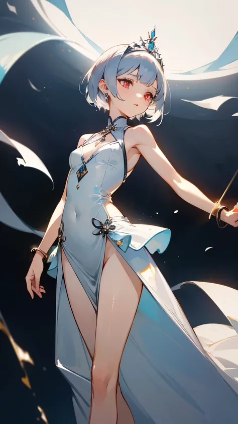 young girl　silver hair　white dress　　short hair　大きなdress with jewels　dress with a big slit　dress that opens below the navel　red eyes　irreverent face　looking down　thin body　thin thighs　small breasts　small ass　toned body　Bracelet on wrist　bracelet with gems　T...