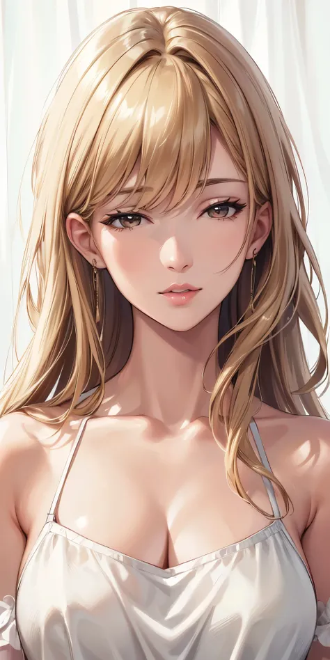 (best quality, highres), portrait, upper body, elegant, adult woman, brown eyes, long hair, swept-side bang, [[brown hair]], (blonde hair), broad shoulders, slip dress, cleavage, white curtain, ultra detailed cg 8k