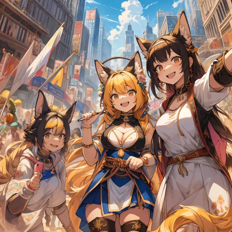 top quality, best quality, High-quality illustrations, masterpiece, super high resolution, detailed background, Crowded cityscape, 6+girls, group shot, festival, absurdres, perfect anatomy(kemono)(furry anthro)happy, joyful, smile, selfie,