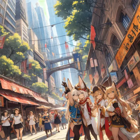 top quality, best quality, High-quality illustrations, masterpiece, super high resolution, detailed background, Crowded cityscape, 6+girls, group shot, festival, absurdres, perfect anatomy(kemono)(furry anthro)happy, joyful, smile, selfie,