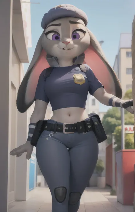 orejas hacia abajo, (Mejor calidad, Obra maestra:1), peluda hembra antro judyhopps, retrato, uniforme de policia, uniforme completo, cola de conejo, police belt, police badge, pantalones azules, sonrisa, ojos morados, pelaje del cuerpo, ojos medio cerrados...