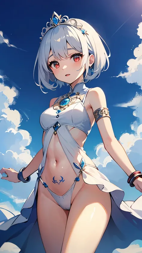 young girl　silver hair　white dress　　short hair　大きなdress with jewels　Dresses with large slits　dress that opens below the navel　red eyes　irreverent face　look down　thin body　thin thighs　small breasts　small ass　toned body　wrist bracelet　jewelry bracelet　tiara ...