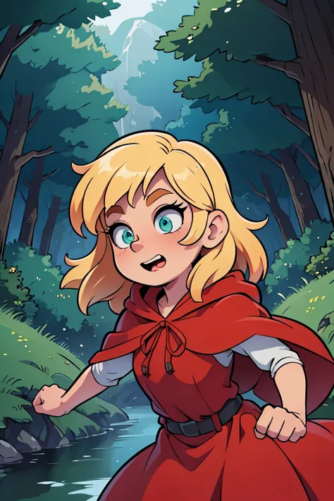 portrait,detailed colorful illustrations,medium:1.2,HDR,ultra-detailed,emotionally expressive,stylized environment,flowing blonde hair,beautiful detailed eyes,playful expression,dressed as Little Red Riding Hood,puffy red hooded cloak, runs very fast, she ...