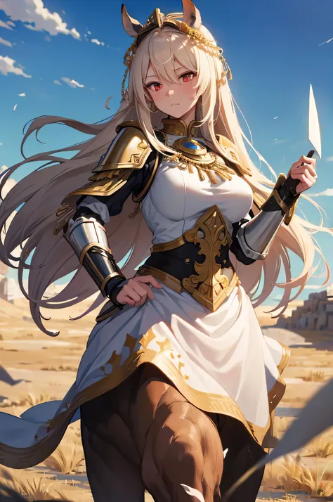 (highest quality,4k,High resolution,masterpiece:1.2),1 female,Kentauk Point,creamy hair,long hair,white red eyes,Big breasts,Valkyrie,black holy armor,jewelry decoration,golden ornaments,Holy sword,plain