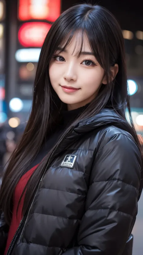 japanese girl, 20-year-old, dark makeup, detailed face, long hair, black hair, beautiful eyes, realistic, face close up, smile, sexy pose, (Down jacket), long sleeve, 8k, cinematic, sexy girl, Tokyo Station