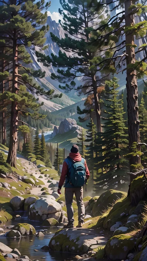 A man standing on a starting point of hike trail into the mountains