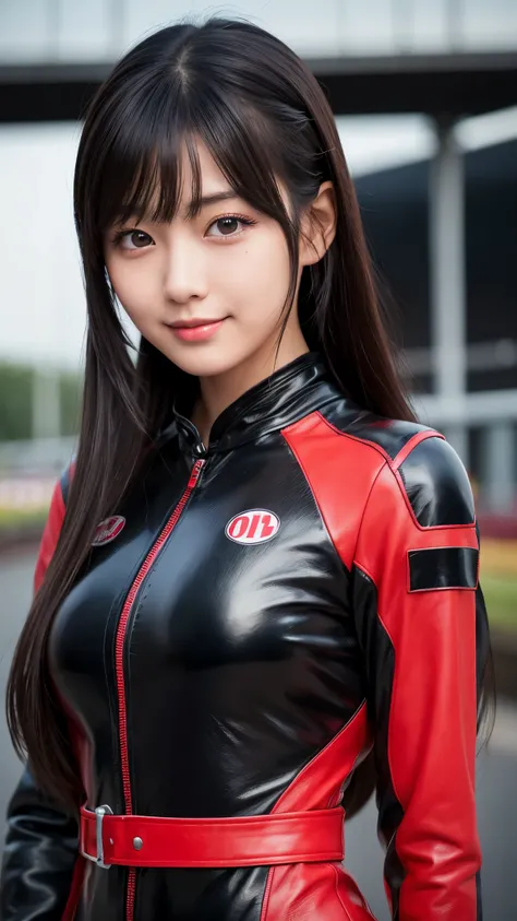 japanese girl, 20-year-old, dark makeup, detailed face, long hair, black hair, beautiful eyes, realistic, face close up, smile, sexy pose, (leather black&Red Racing Suit), long sleeve, leather racing gloves, 8k, cinematic, sexy girl, circuit