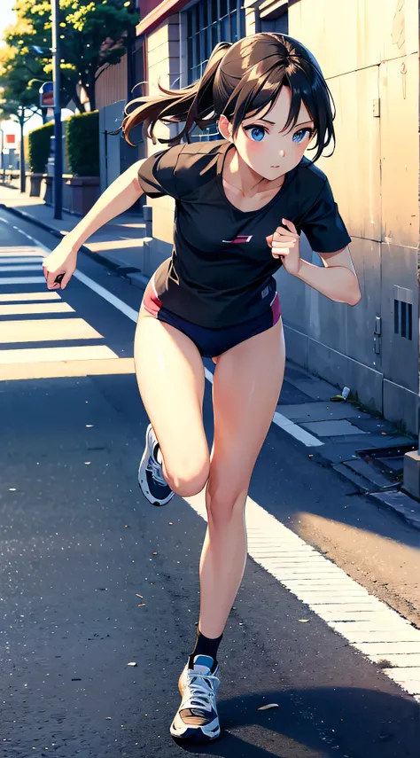 masterpiece, highest quality, perfect artwork, perfect woman image, dramatic shadow, perfect hands, ((cute face)), beautiful face, beautiful girl, running,runningウェア,early morning,running on the sidewalk,(photo taken from a distance)