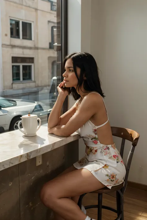  see a very fair-skinned woman with straight black hair, sitting at the café counter, looking out the window. I see her in profile. Soft light enters through the same window. The woman has a coffee cup on the counter. She is wearing a Provencal floral dres...