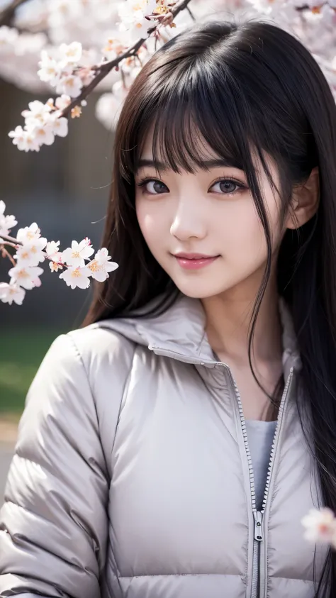 japanese girl, 20-year-old, dark makeup, detailed face, long hair, black hair, beautiful eyes, realistic, face close up, smile, sexy pose, (Down jacket), long sleeve, 8k, cinematic, sexy girl, cherry blossoms