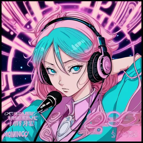 anime girl with headphones and a microphone in her hand, dreamy psychedelic anime, anime vibes, anime aesthetic, laurie greasley and james jean, anime art nouveau cosmic display, clean detailed anime art, highly detailed exquisite fanart, 8 0 s anime vibe,...