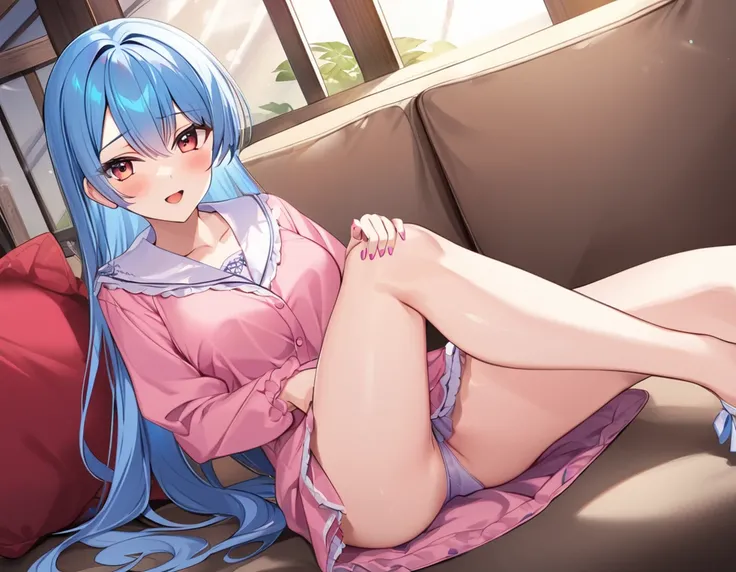 One anime girl , white, long blue hair, in sexy pyjamas on lounge, one cushion,