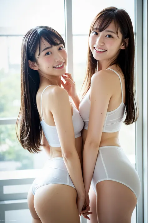 girls standing near window in old-Japanese classroom,wet white school swimsuit with white trim,18-year-old,bangs,a little smile,thighs,knees,straight hair with barrette,from below,front-lighting