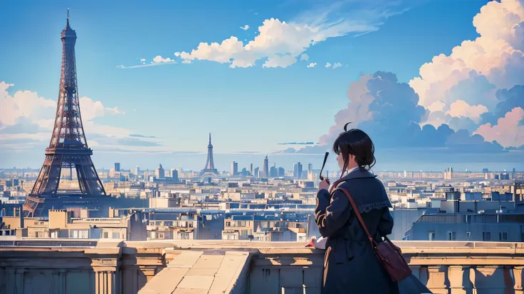 cidade de paris, in the morning, blue sky, algumas nuvens, a torre eiffel como pano de fundo, imagem de alta qualidade. | (((per...