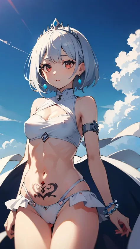 young girl　silver hair　white dress　　short hair　red eyes　irreverent face　look down　thin body　thin thighs　small breasts　small ass　toned body　wrist bracelet　jewelry bracelet　tiara with jewels　sunlight　ripped abs　　slanted eyes　white skin　deep red eyes　symmetri...