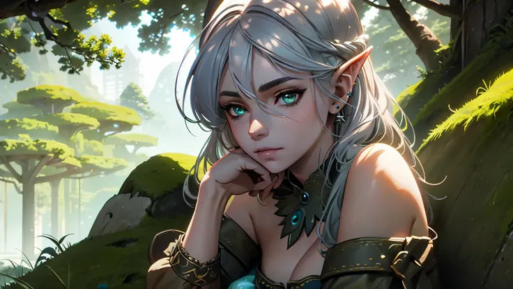 A beautiful girl (model) aged 17-19. She resembles Ciri from The Witcher 3, with silver hair and a slender figure. She has elven ears with piercings. She is sitting on a moss-covered boulder, looking bored. Oil painting, high-quality, ultra-detailed, photo...