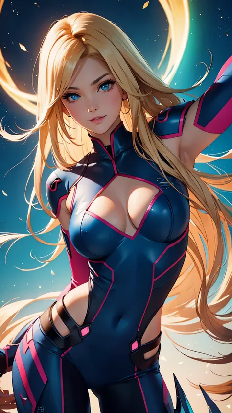 (best quality,ultra-detailed,photo-realistic:1.37),bright and vibrant colors,studio lighting,playful expression,stylish makeup,long blonde hair flowing in the wind,alluring eyes,glossy lips,sexy pose, Reploid, Cyberspace, Megaman X, Zero, smiling in a conf...