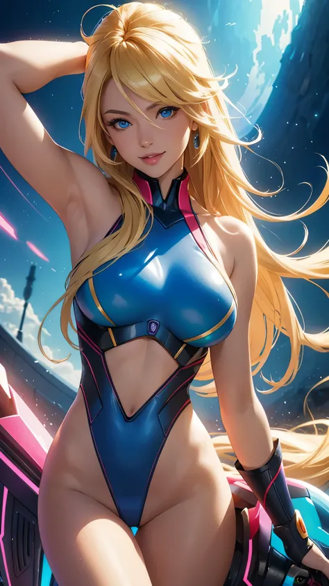 (best quality,ultra-detailed,photo-realistic:1.37),bright and vibrant colors,studio lighting,playful expression,stylish makeup,long blonde hair flowing in the wind,alluring eyes,glossy lips,sexy pose, Reploid, Cyberspace, Megaman X, Zero, smiling in a conf...